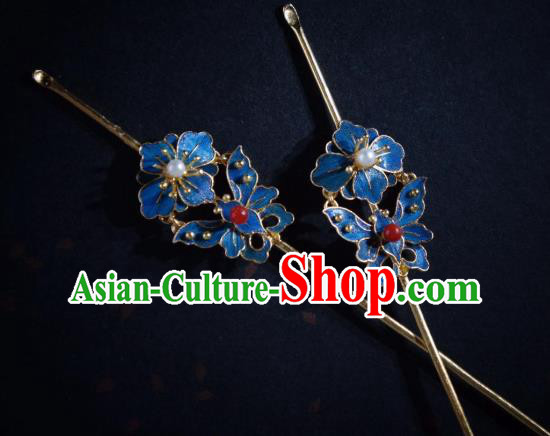 Chinese Qing Dynasty Pearl Hairpin Traditional Hair Jewelry Ancient Empress Blueing Butterfly Hair Stick