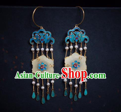 Chinese Jade Plum Blossom Earrings Traditional Culture Jewelry Ancient Qing Dynasty Blueing Ear Accessories