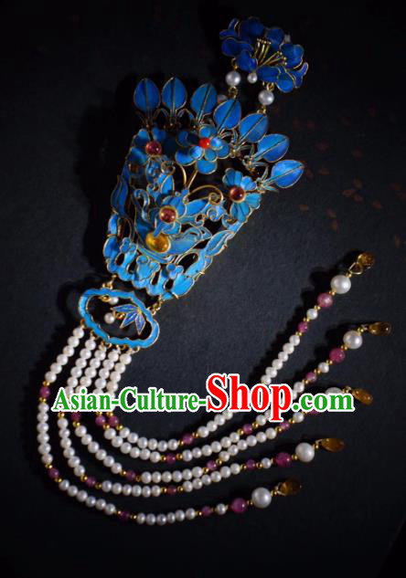 Chinese Qing Dynasty Empress Pearls Tassel Hairpin Traditional Hair Jewelry Ancient Empress Blueing Phoenix Hair Crown