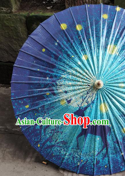China Classical Printing Deer Umbrella Handmade Dance Umbrellas Craft Traditional Blue Oil Paper Umbrella