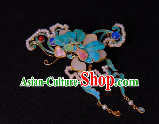 Chinese Ming Dynasty Empress Jade Hairpin Traditional Hair Jewelry Ancient Empress Pearls Butterfly Hair Stick