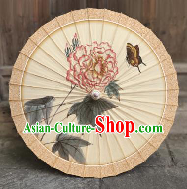 China Traditional Beige Oil Paper Umbrella Handmade Classical Painting Peony Butterfly Umbrellas