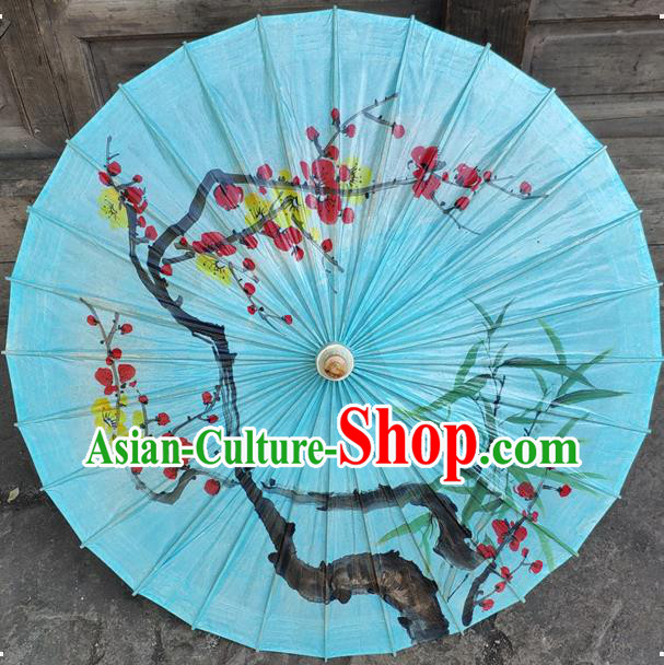 China Traditional Blue Oil Paper Umbrella Handmade Craft Classical Ink Painting Plum Bamboo Umbrellas