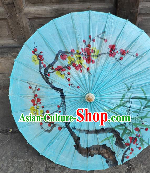 China Traditional Blue Oil Paper Umbrella Handmade Craft Classical Ink Painting Plum Bamboo Umbrellas