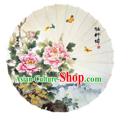 China Handmade Classical Dance Painting Peony Umbrellas Traditional White Oil Paper Umbrella
