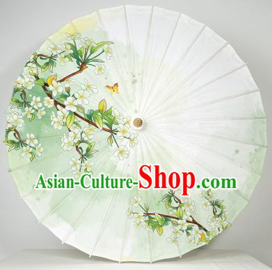 China Handmade Light Green Umbrella Traditional Painting Pear Blossom Oil Paper Umbrella