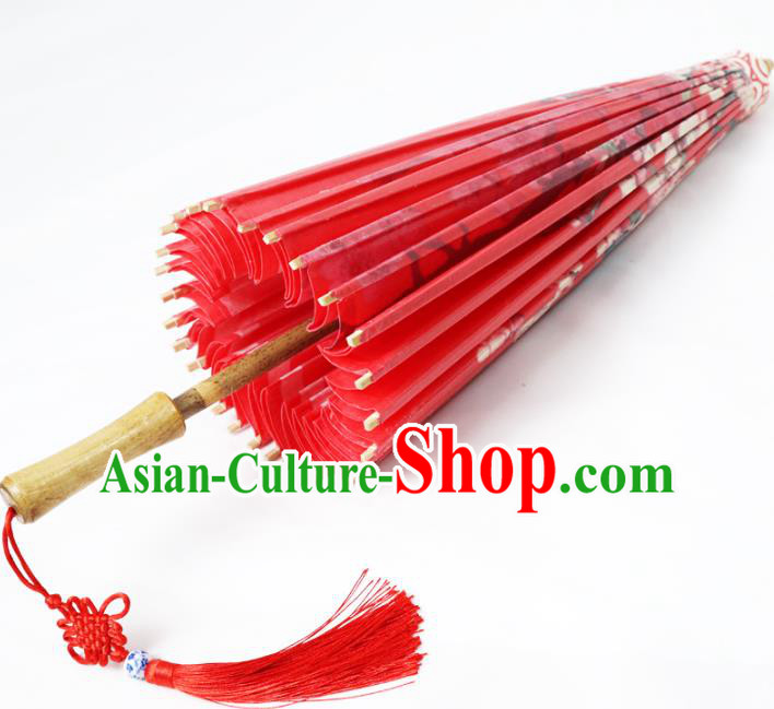 China Traditional Painting Plum Blossom Red Oil Paper Umbrella Handmade Classical Wedding Umbrella