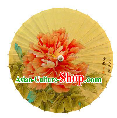 China Traditional Yellow Paper Umbrella Handmade Painting Peony Oil Paper Umbrella