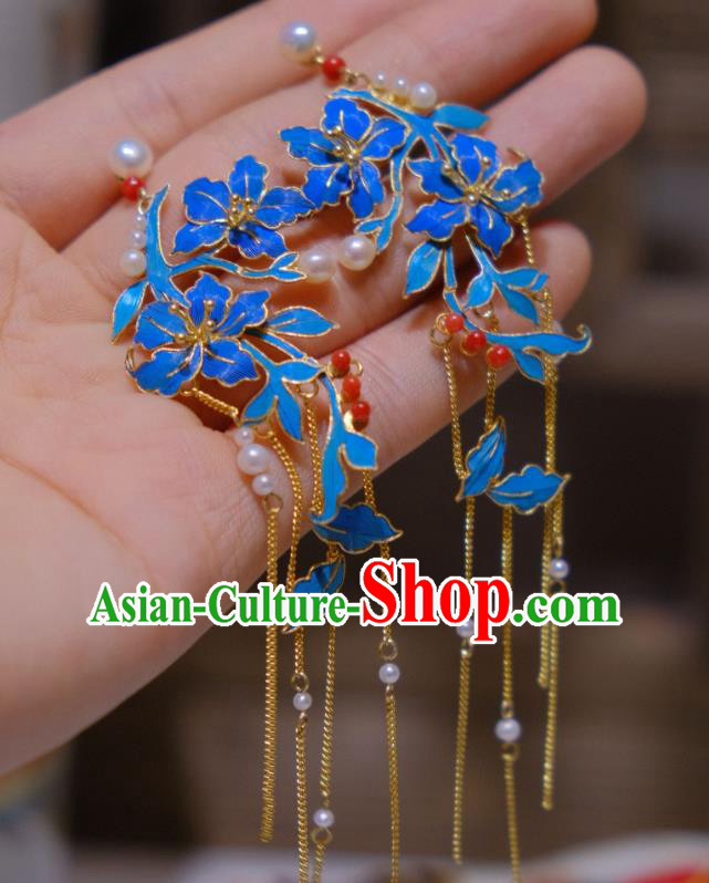 Chinese Traditional Blueing Flowers Earrings Culture Jewelry Cheongsam Golden Tassel Ear Accessories