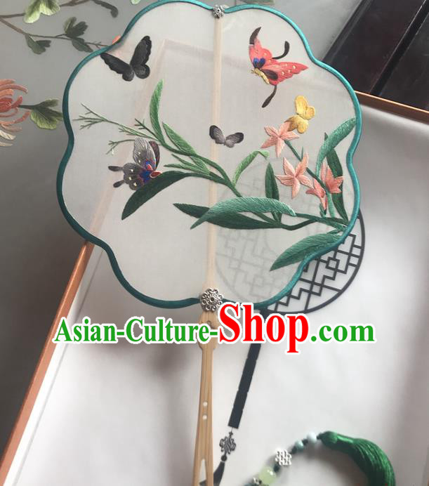 Chinese Traditional Hanfu Fan Classical Palace Fan Handmade Embroidered Orchids Silk Fan
