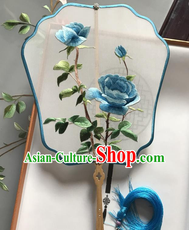 Chinese Classical Dance Palace Fan Handmade Embroidered Blue Rose Silk Fan Traditional Ancient Princess Fan