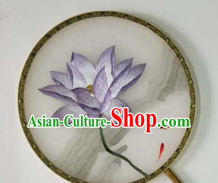 Chinese Traditional Hanfu Circular Fan Handmade Embroidered Lilac Lotus Silk Palace Fan