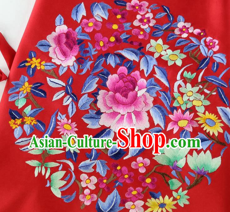 China Handmade Embroidered Peony Red Silk Bellyband Traditional Stomachers Wedding Cloth