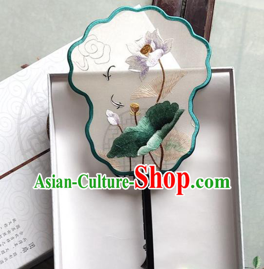 Chinese Traditional Embroidered Lotus Fan Classical Silk Fan Handmade Ancient Princess Palace Fan