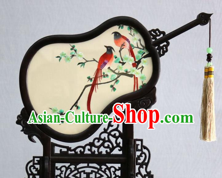 Chinese Traditional Embroidered Plum Bird Table Screen Handmade Rosewood Desk Ornaments