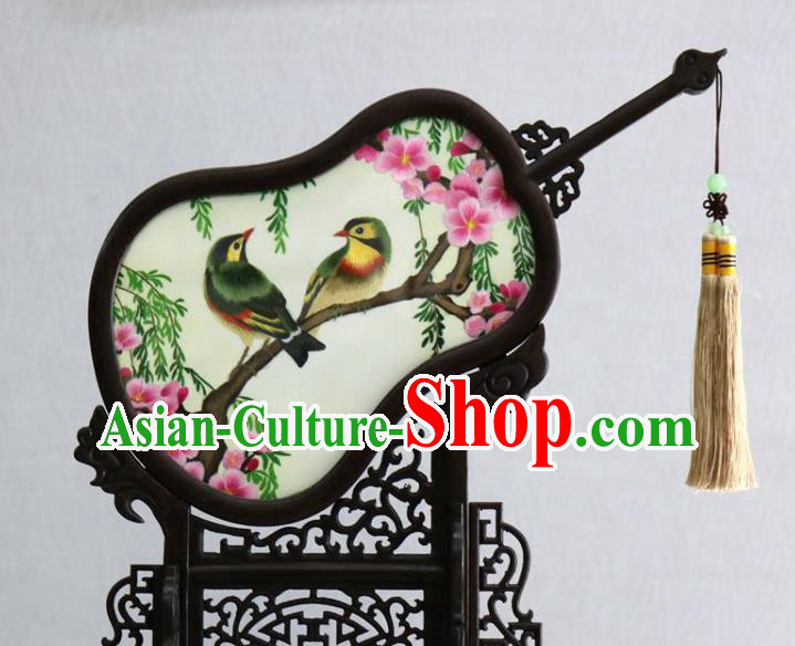 Chinese Handmade Rosewood Desk Ornaments Traditional Embroidered Plum Bird Table Screen