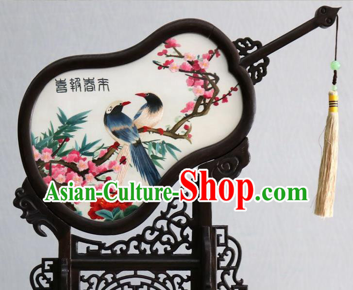 Chinese Traditional Embroidered Plum Bird Table Screen Handmade Rosewood Gourd Desk Ornaments