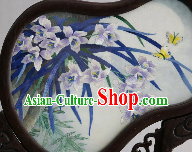Chinese Traditional Embroidered Orchids Table Ornament Handmade Rosewood Carving Gourd Desk Screen Craft