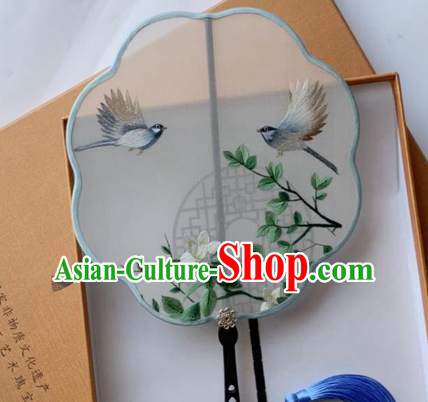 Chinese Traditional Ancient Princess Silk Fan Suzhou Embroidered Mangnolia Bird Palace Fan Handmade Hanfu Fan