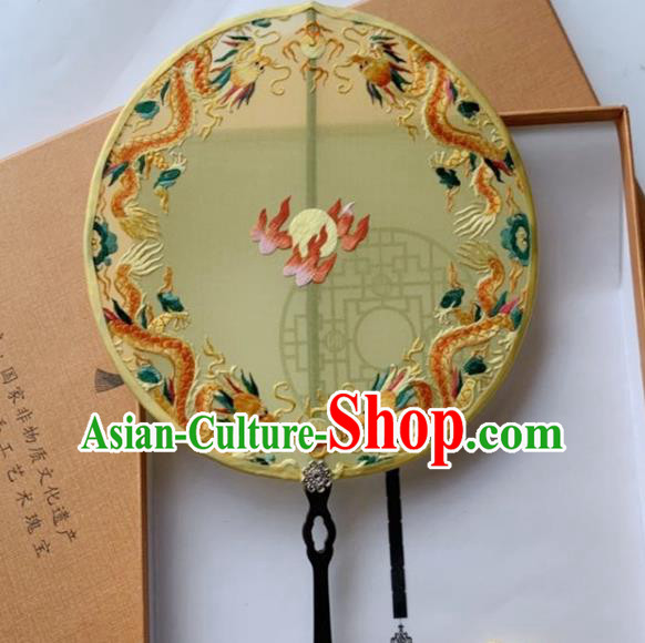 Chinese Traditional Hanfu Circular Fan Yellow Silk Fan Handmade Embroidered Dragons Palace Fan