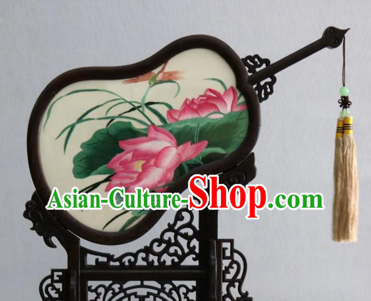 Chinese Traditional Double Side Embroidered Lotus Table Screen Handmade Rosewood Carving Gourd Desk Decoration