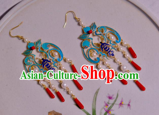 Chinese Ancient Qing Dynasty Court Blueing Ear Accessories Traditional Culture Jewelry Agate Tassel Earrings