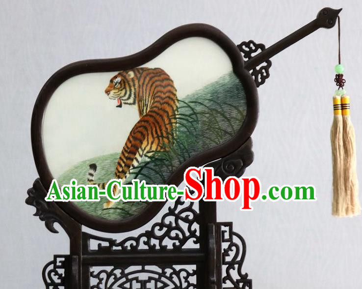 Chinese Handmade Embroidery Silk Craft Traditional Double Side Embroidered Tiger Table Screen Rosewood Desk Decoration