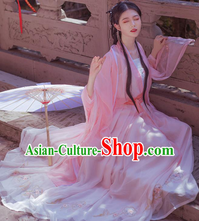 China Ancient Goddess Pink Hanfu Dress Traditional Ming Dynasty Young Beauty Clothing for Women