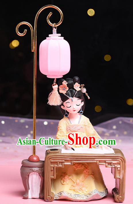 China Handmade Beijing Yellow Silk Figurine Doll Traditional Tang Dynasty Beauty Doll Lantern