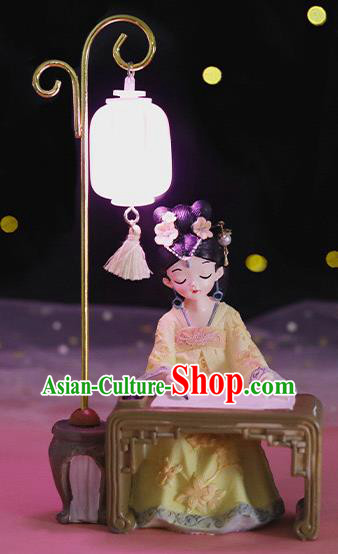 China Handmade Beijing Yellow Silk Figurine Doll Traditional Tang Dynasty Beauty Doll Lantern