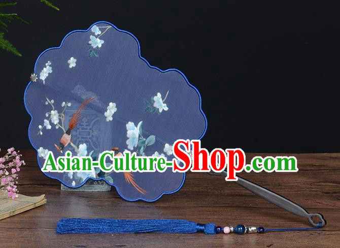 Chinese Handmade Deep Blue Silk Fan Traditional Wedding Palace Fan Embroidered Plum Blossom Fan