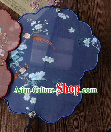 Chinese Handmade Deep Blue Silk Fan Traditional Wedding Palace Fan Embroidered Plum Blossom Fan