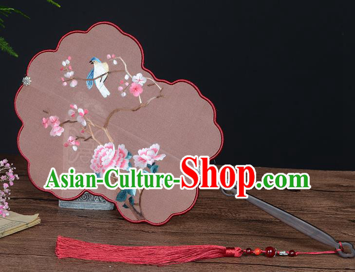 Chinese Embroidered Flowers Bird Fan Handmade Pink Silk Fan Traditional Wedding Palace Fan
