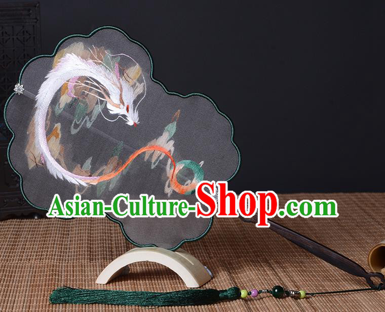 Chinese Embroidered Dragon Fan Traditional Hanfu Palace Fan Handmade Black Silk Fan