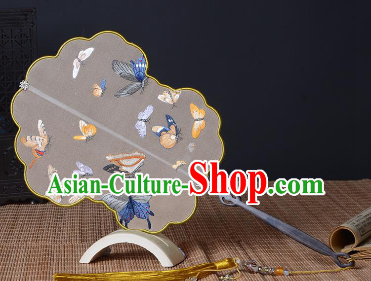 Chinese Embroidered Butterfly Fan Traditional Hanfu Palace Fan Handmade Beige Silk Fan