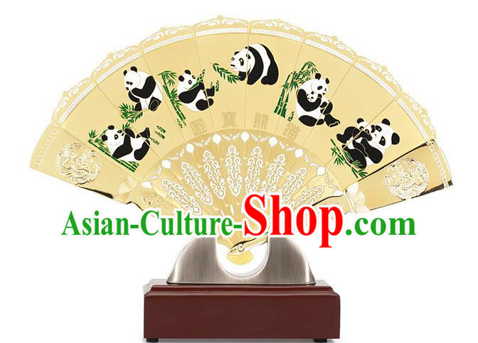 Chinese Handmade Brass Fan Traditional Folding Fan Printing Panda Accordion Decoration