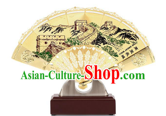 Chinese Handmade Brass Fan Traditional Folding Fan Printing The Great Wall Accordion Decoration
