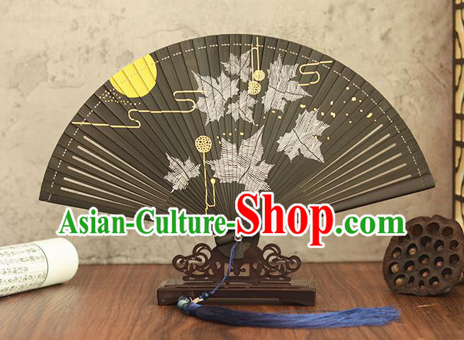 Chinese Handmade Black Bamboo Fan Traditional Folding Fan Printing Maple Leaf Accordion