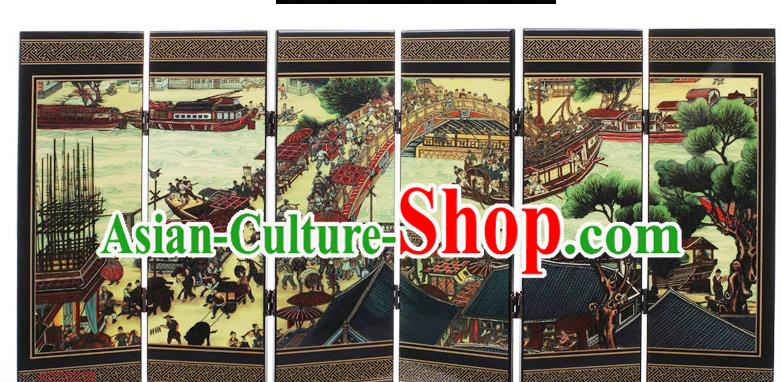 Chinese Handmade Lacquerware Table Screen Decoration Traditional Printing Riverside Scene at Qingming Festival Folding Screen