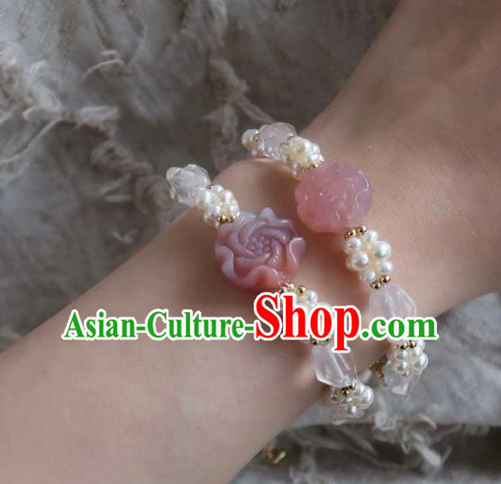Handmade Chinese Pearls Bangle Carving Peony Wristlet Accessories Traditional Hanfu Bracelet