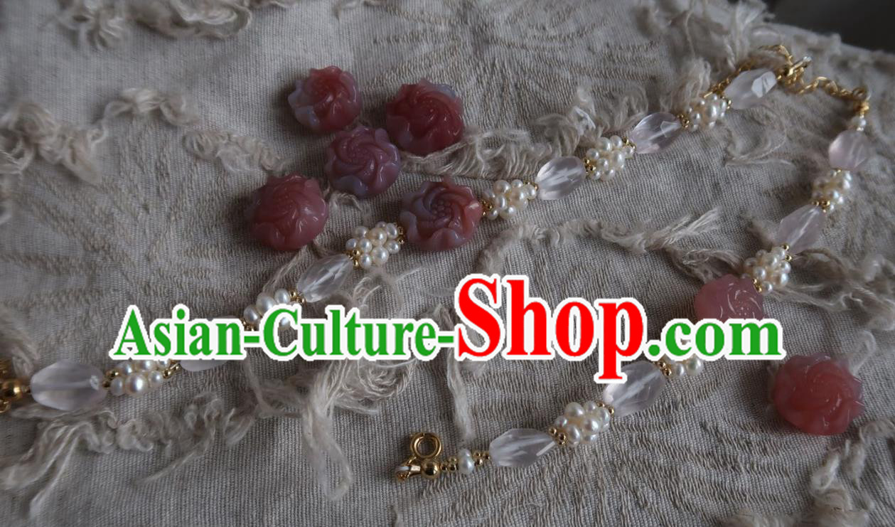 Handmade Chinese Pearls Bangle Carving Peony Wristlet Accessories Traditional Hanfu Bracelet