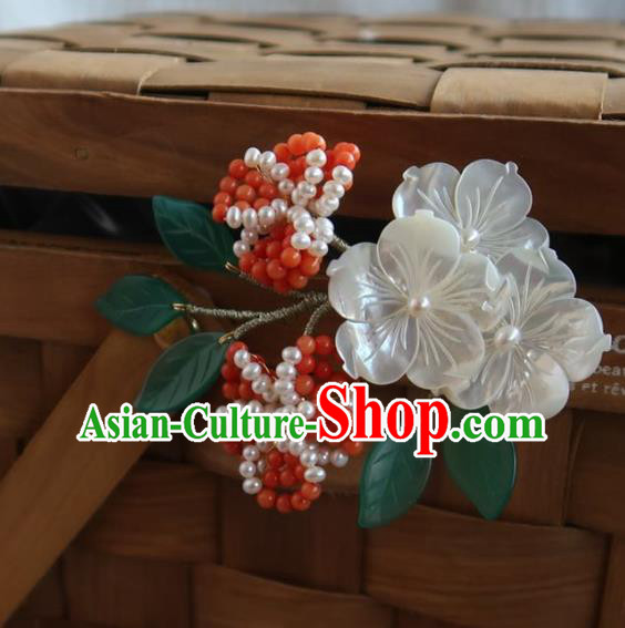 China Handmade Hanfu Shell Plum Blossom Hairpin Traditional Ancient Ming Dynasty Red Beads Hair Stick