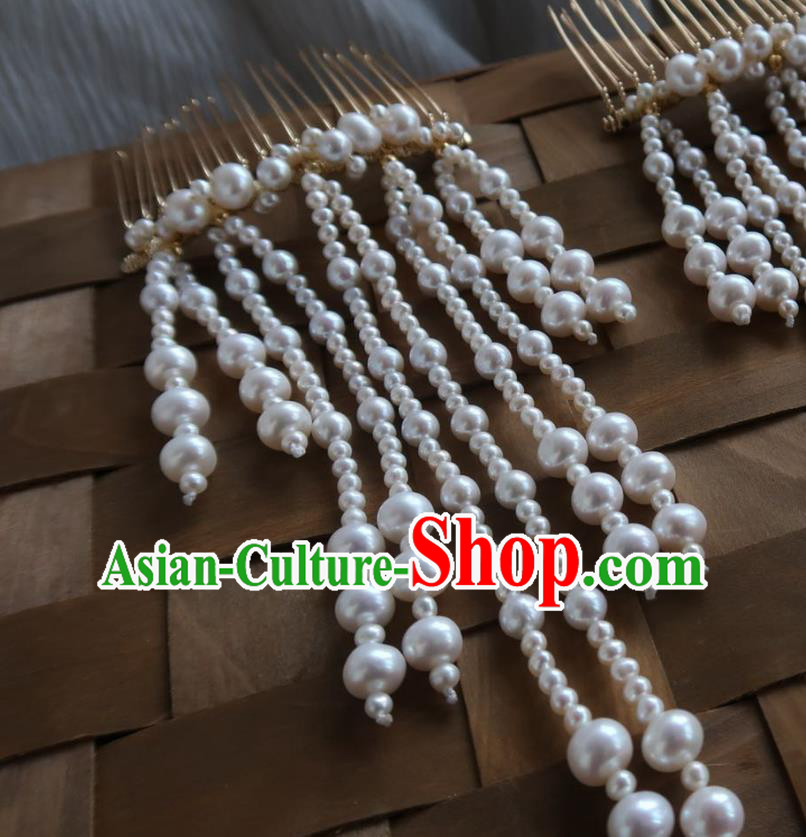 China Handmade Hanfu Hairpin Traditional Ancient Ming Dynasty Pearls Tassel Hair Comb