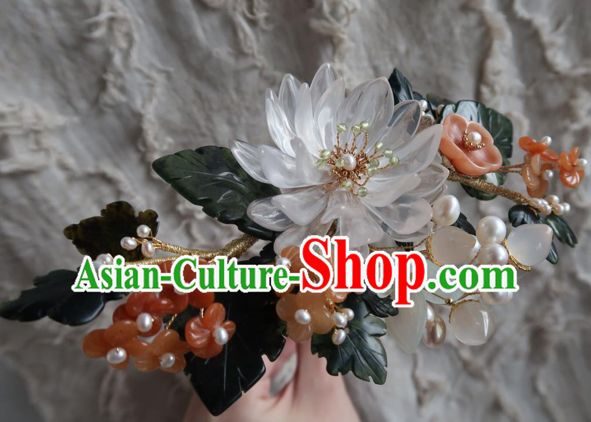China Handmade Hanfu White Epiphyllum Hairpin Traditional Ancient Ming Dynasty Agate Plum Hair Stick