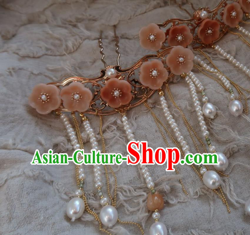 China Handmade Hanfu Pearls Tassel Hairpin Traditional Ancient Ming Dynasty Princess Pink Plum Blossom Hair Stick
