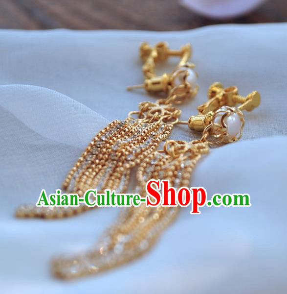 Chinese Traditional Hanfu Golden Tassel Earrings Ancient Princess Pearl Ear Accessories