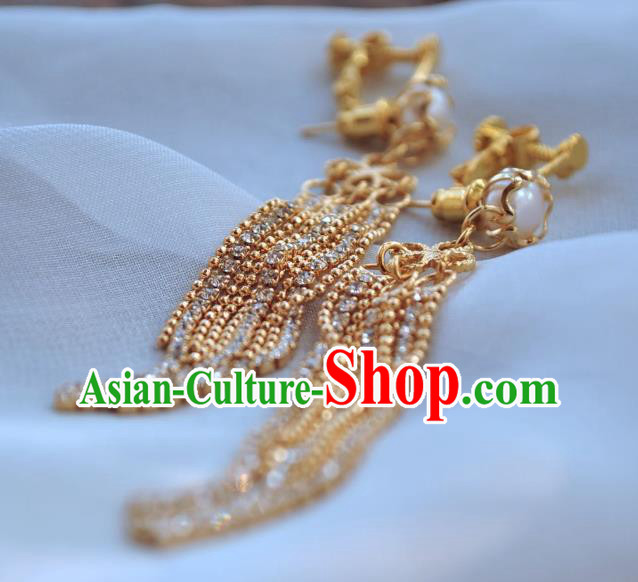 Chinese Traditional Hanfu Golden Tassel Earrings Ancient Princess Pearl Ear Accessories
