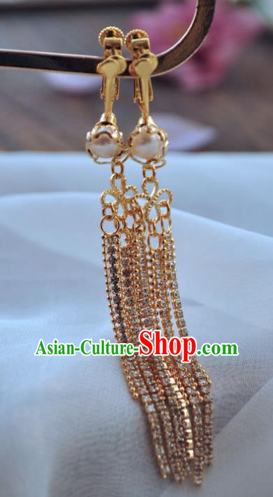 Chinese Traditional Hanfu Golden Tassel Earrings Ancient Princess Pearl Ear Accessories