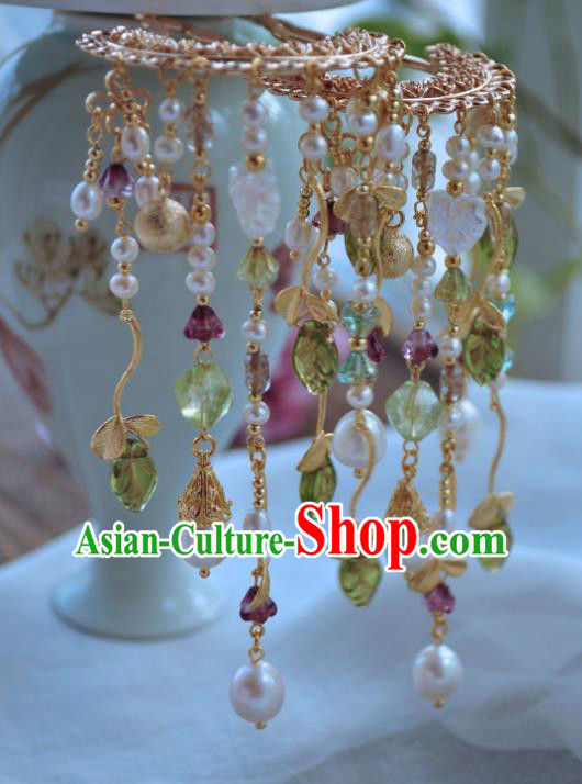 China Handmade Hanfu Pearls Tassel Hairpin Traditional Ancient Tang Dynasty Princess Golden Hair Stick