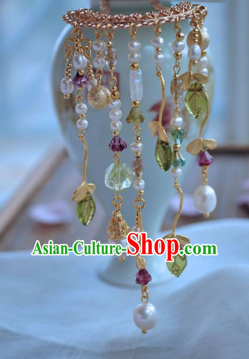 China Handmade Hanfu Pearls Tassel Hairpin Traditional Ancient Tang Dynasty Princess Golden Hair Stick